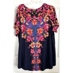 JM Collection Intrepid Blue Floral Multi-Color Top Short Sleeve Plus Sizes 199